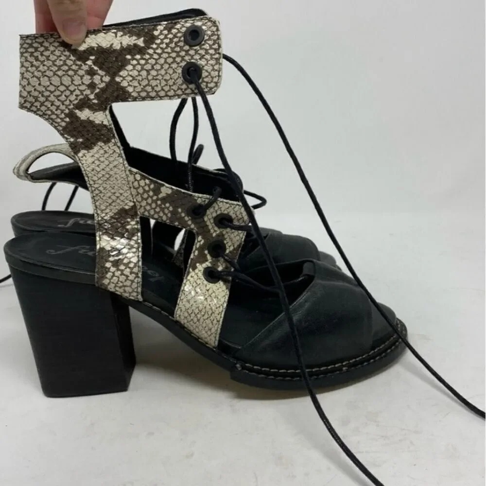 Free People Snake Print Lennon Leather Sandal Block Heel Lace Up Cutout 39